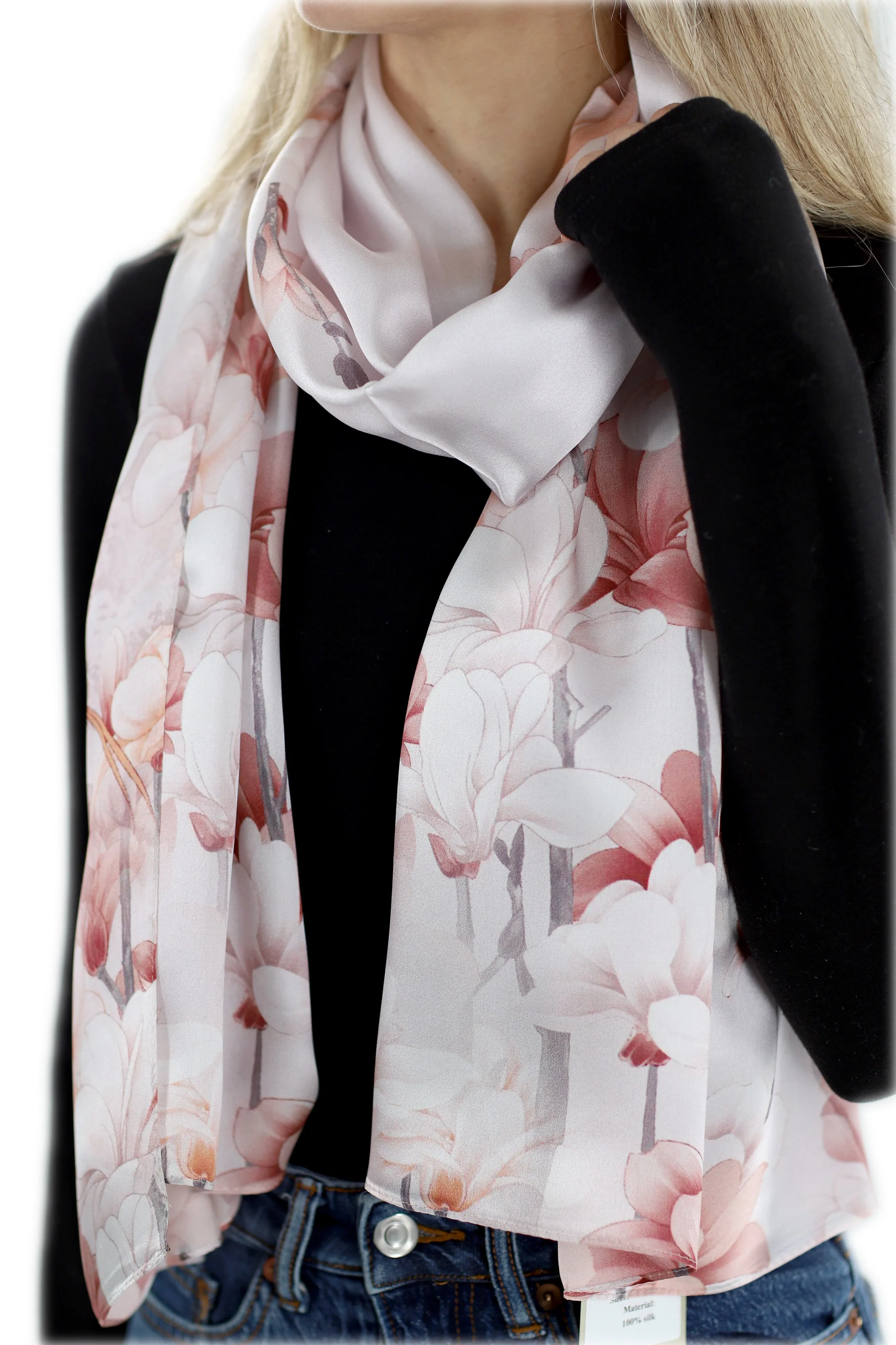 100% Silk Floral Print Scarf - Beige - (One Size 68x21.2in)