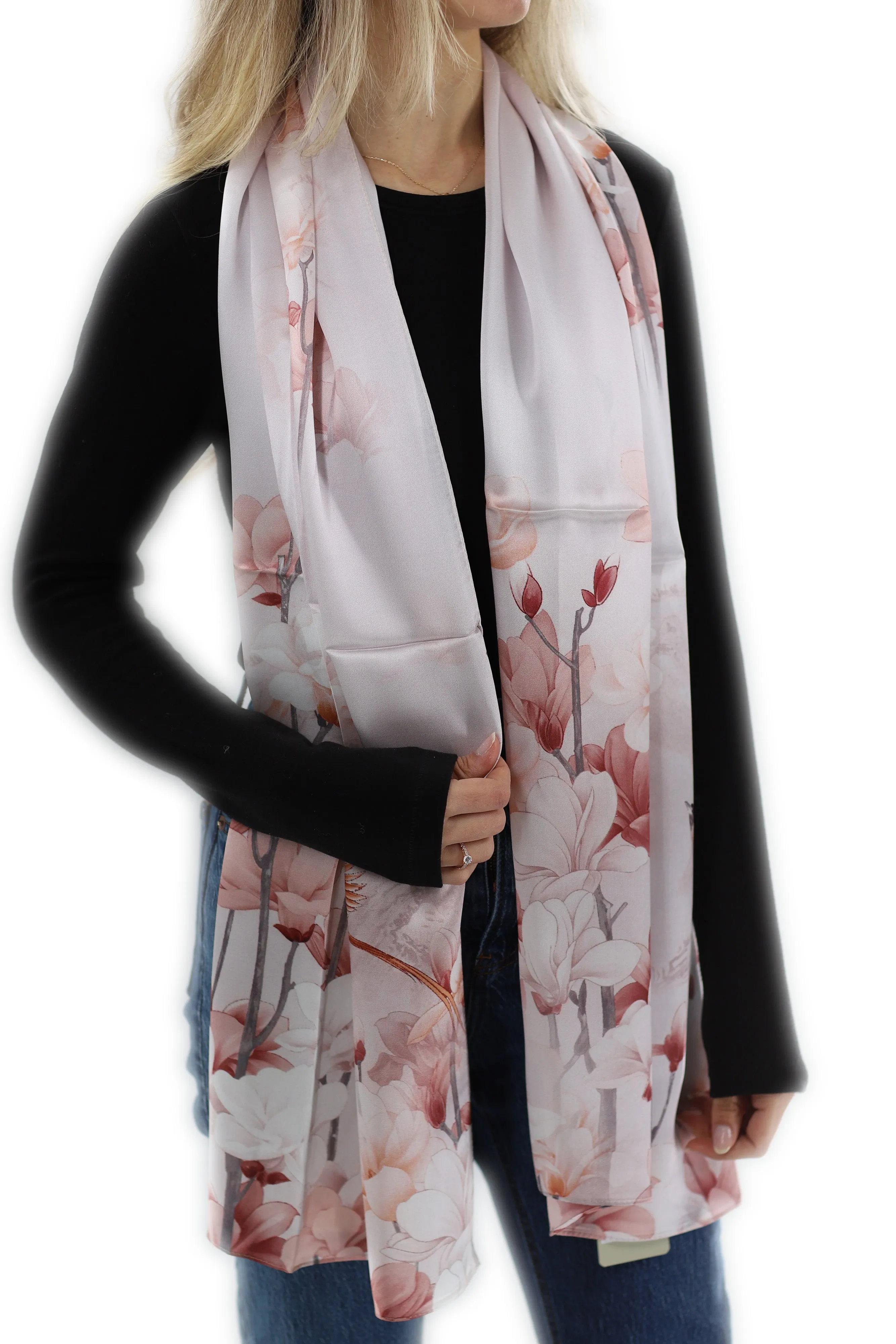 100% Silk Floral Print Scarf - Beige - (One Size 68x21.2in)