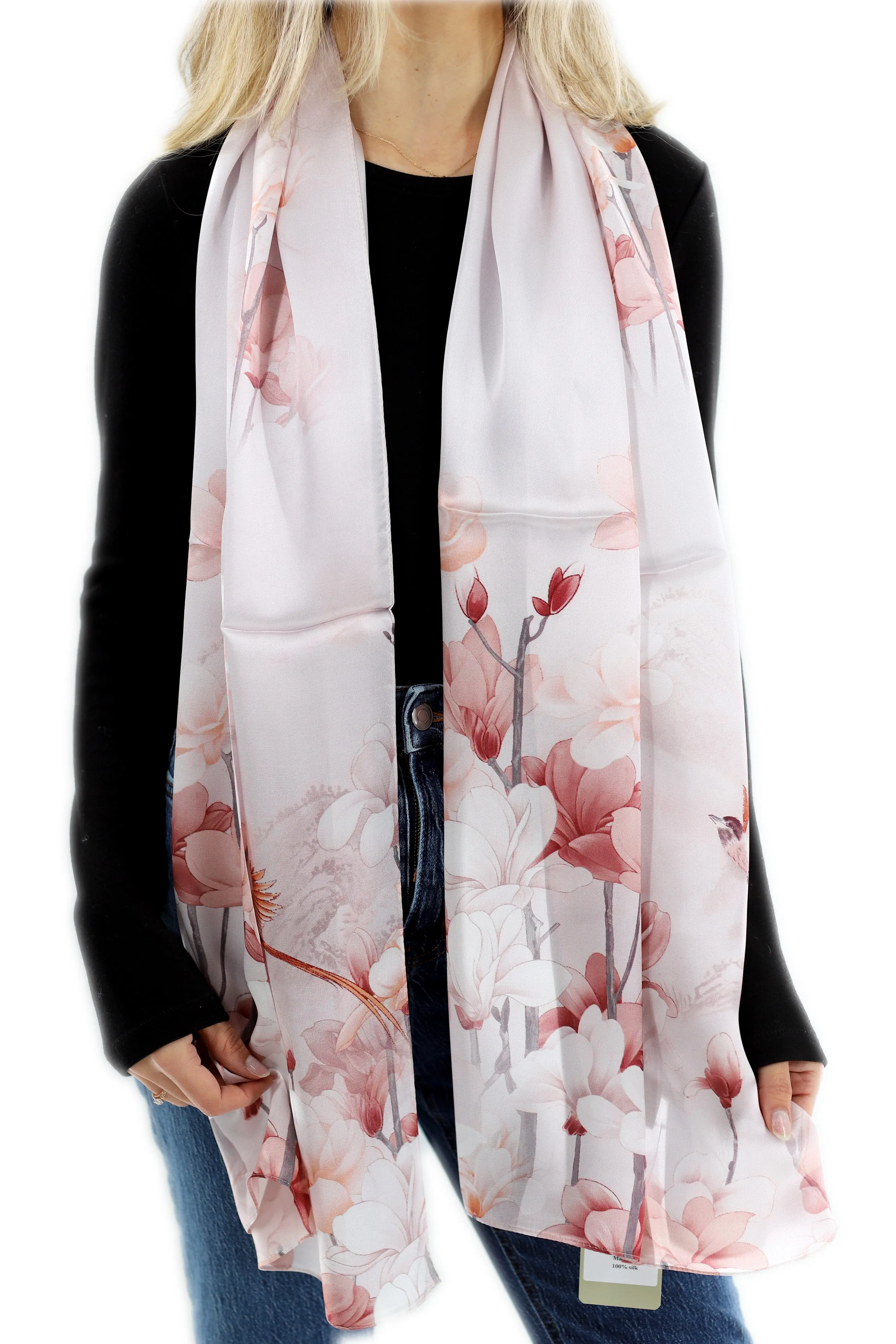 100% Silk Floral Print Scarf - Beige - (One Size 68x21.2in)