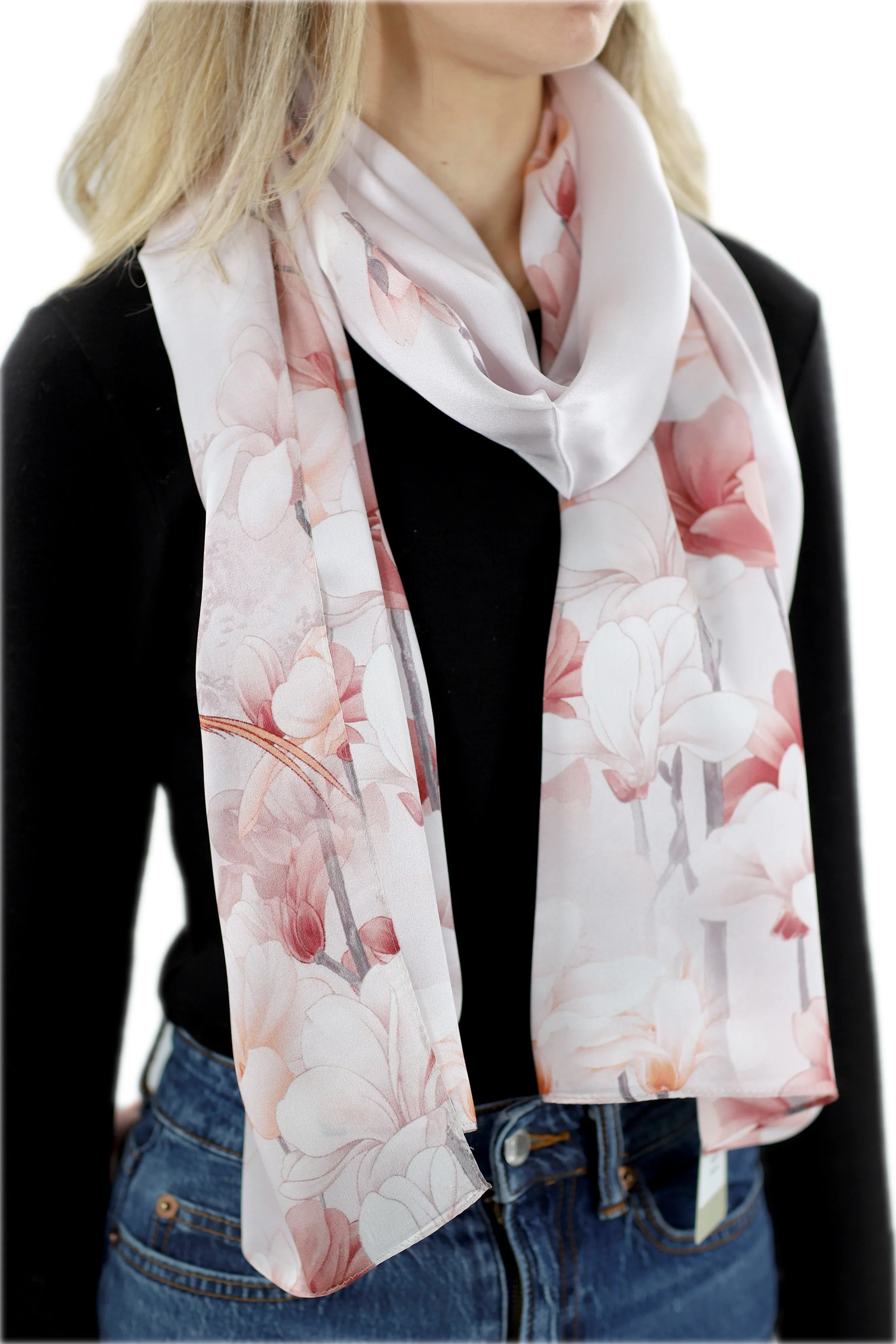 100% Silk Floral Print Scarf - Beige - (One Size 68x21.2in)