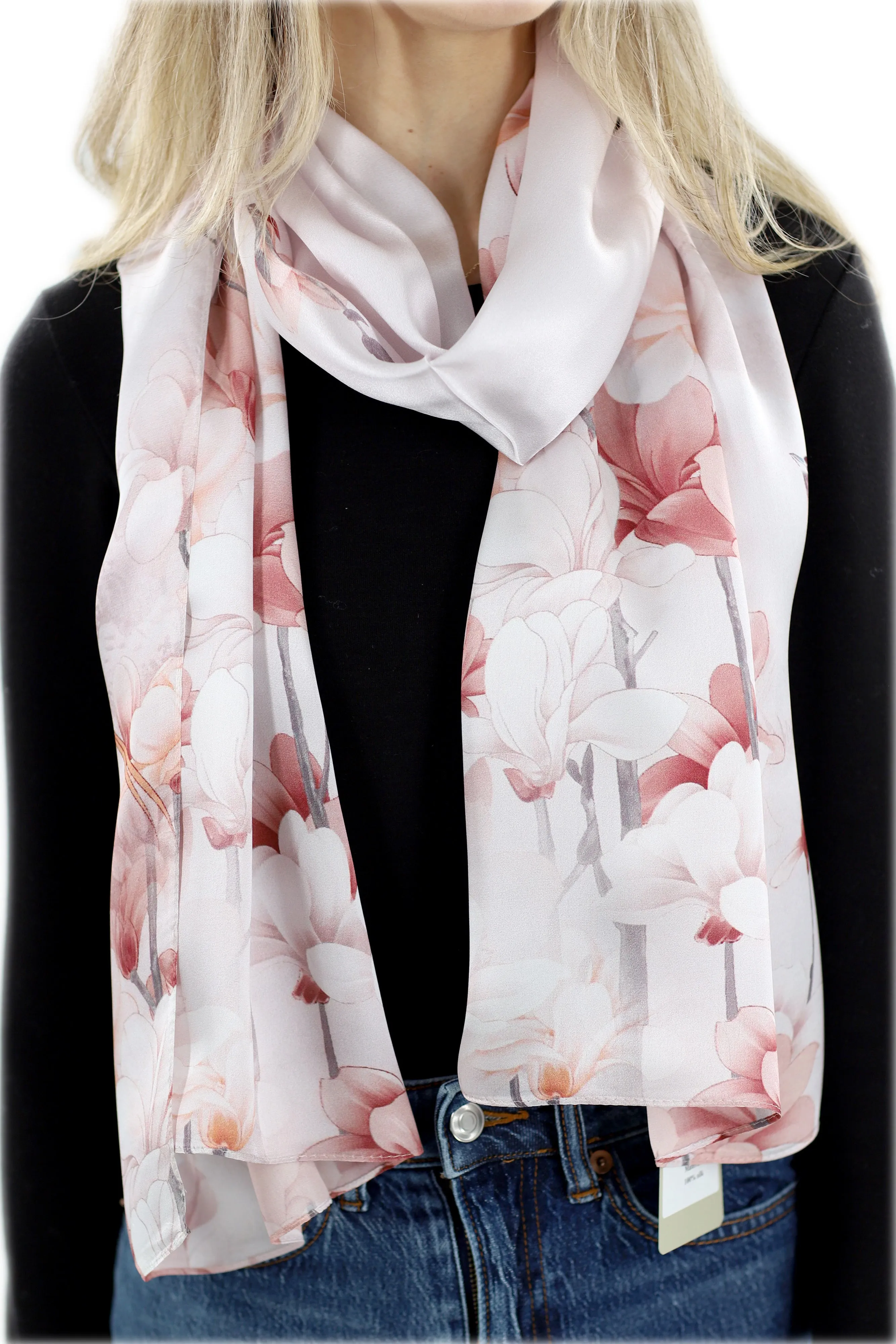 100% Silk Floral Print Scarf - Beige - (One Size 68x21.2in)