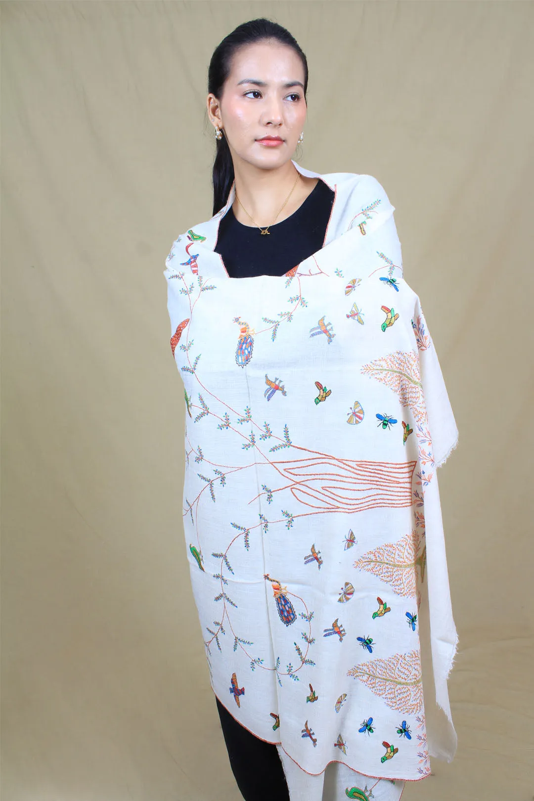 Aafiyah Ivory Forest Theme Sozni Embroidered Pashmina Shawl