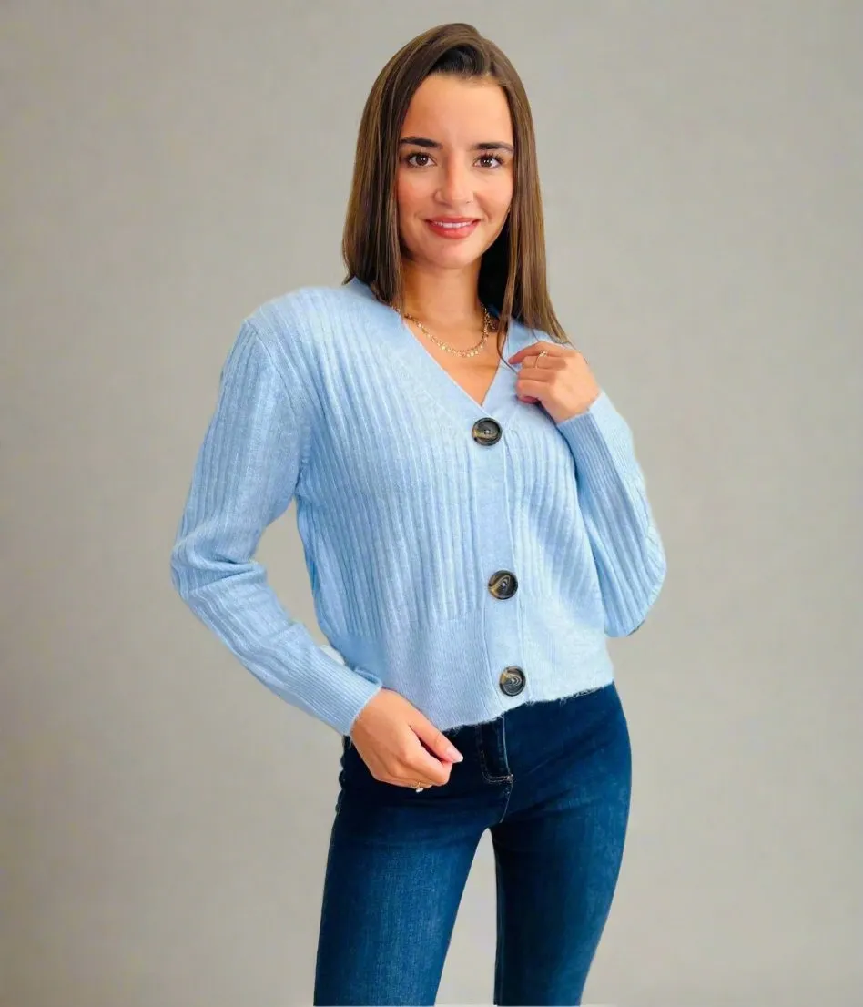 Blue Ribbed Knit Button Cardigan