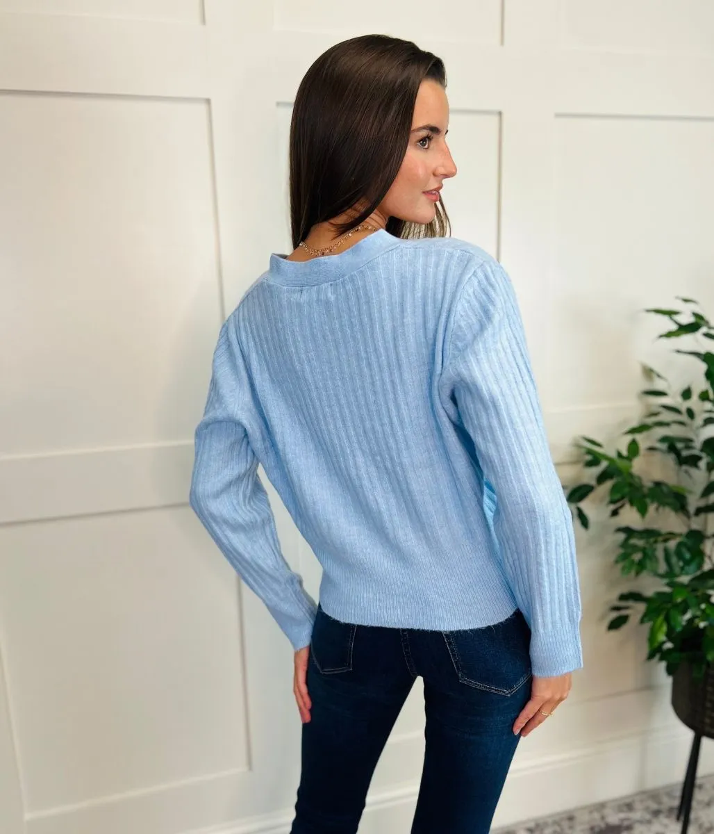 Blue Ribbed Knit Button Cardigan