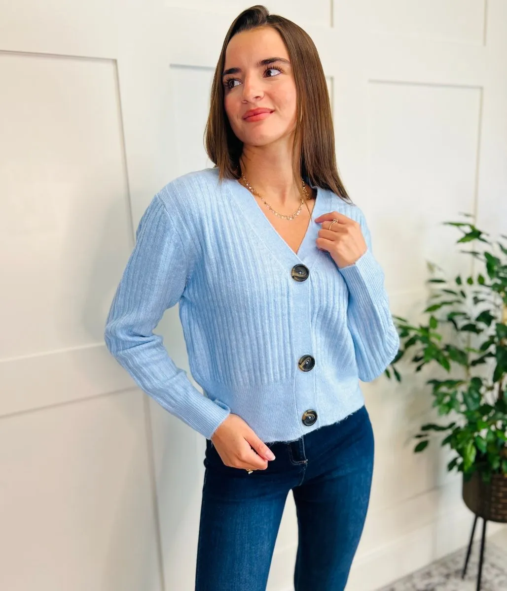 Blue Ribbed Knit Button Cardigan