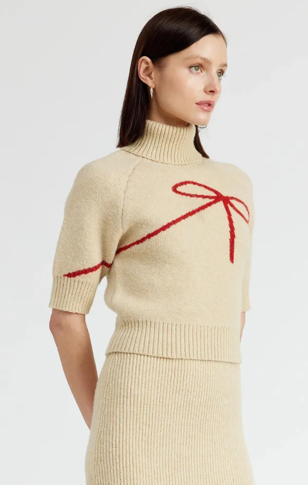 Bow Motif Fitted Turtleneck Sweater