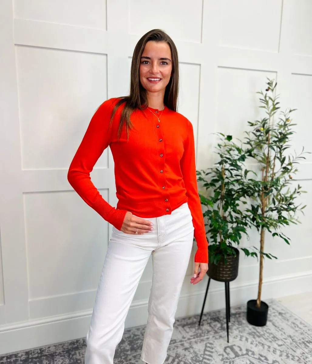 Bright Orange Classic Round Neck Cardigan