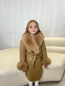 Childrens Camel Luxury Fur Cashmere Coat