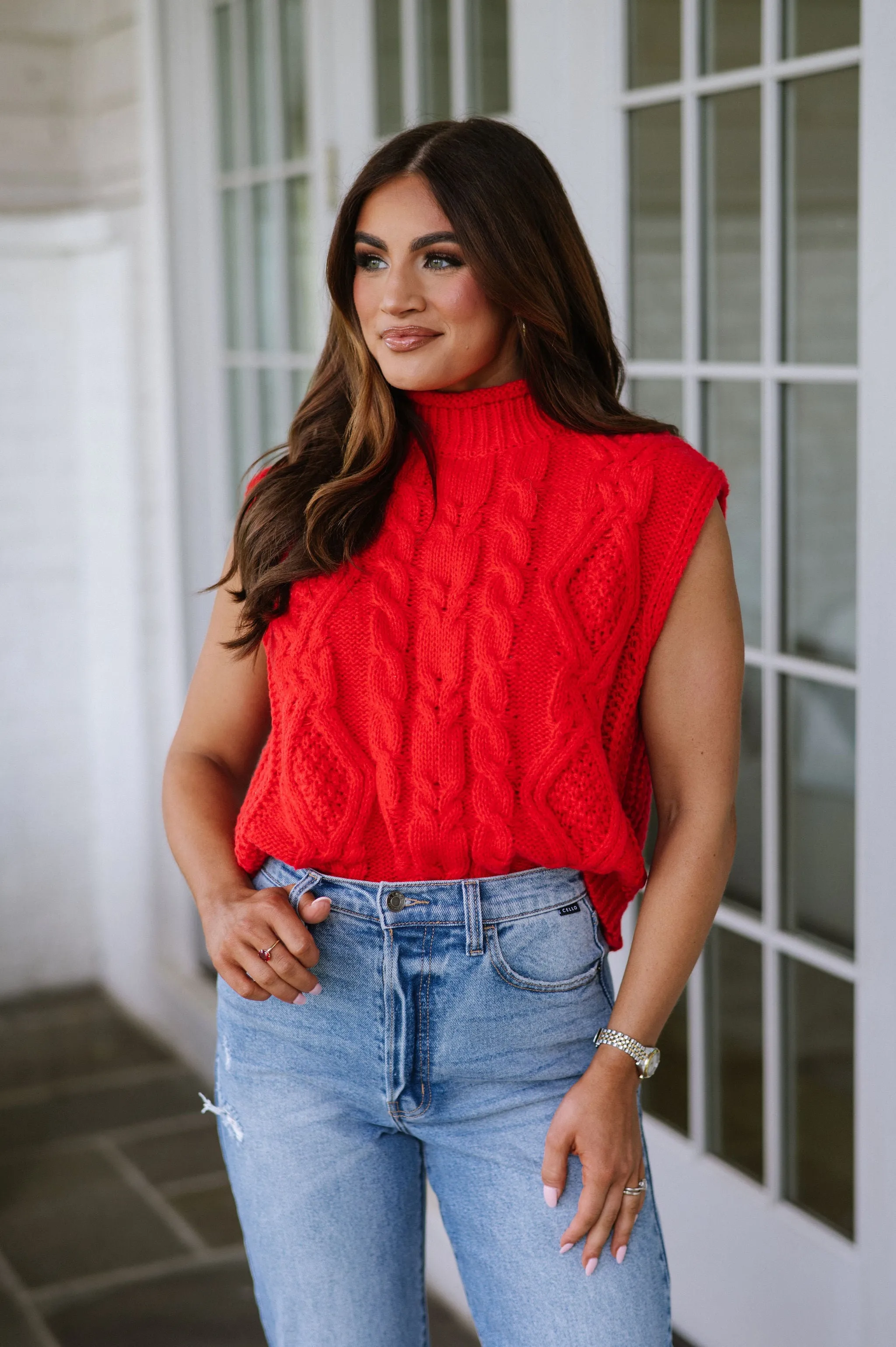 Chunky Cable Knit Turtleneck- Red