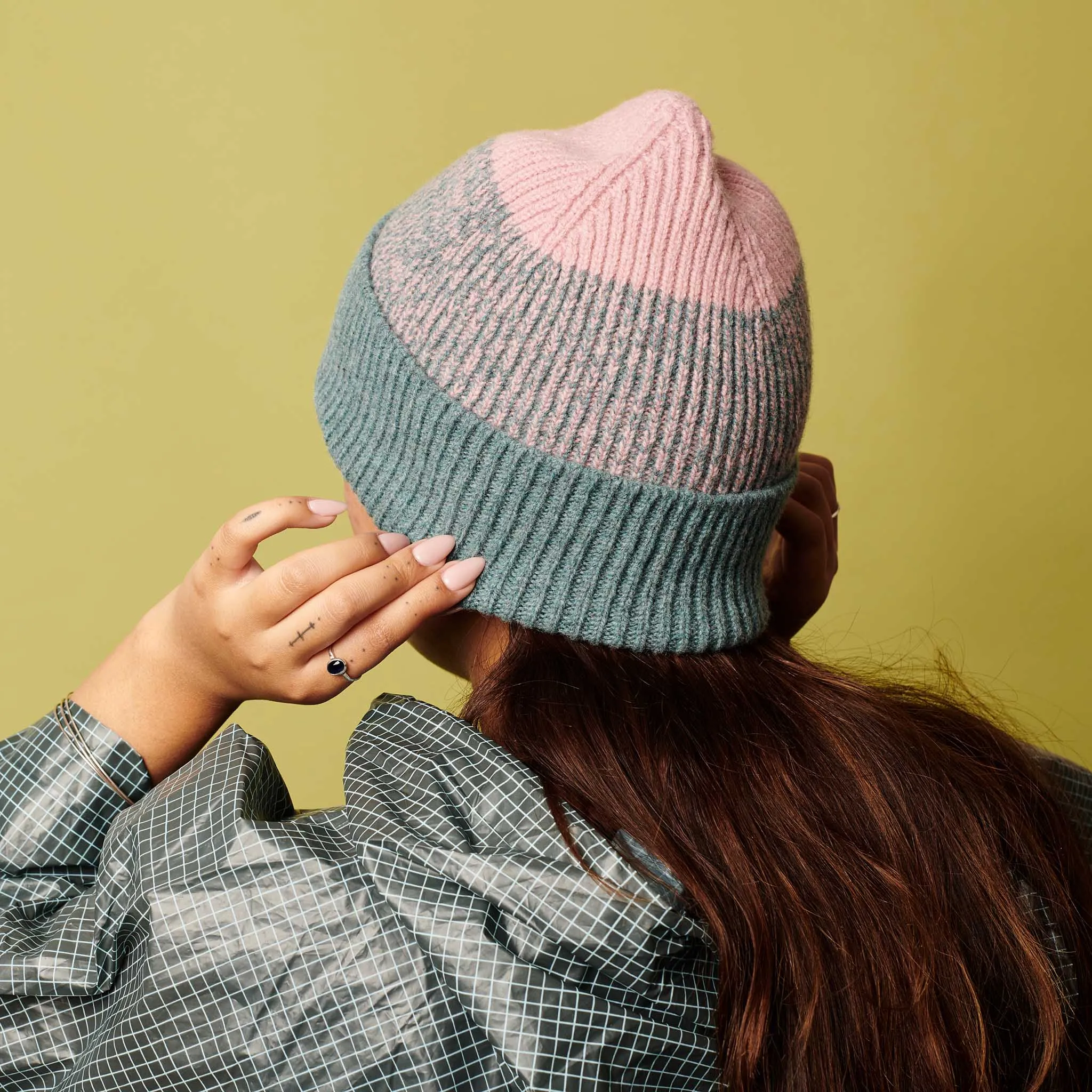 Dusky Pink & Sea Green Marl Ribbed Lambswool Unisex Beanie