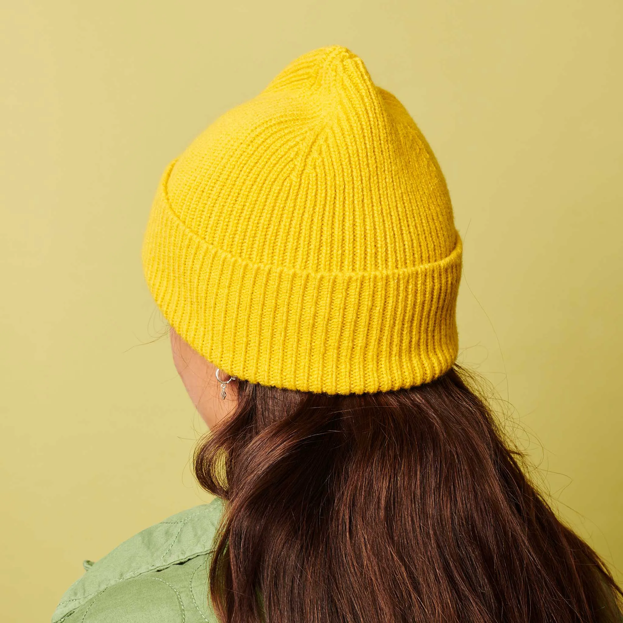 Electric Yellow Ribbed Lambswool Unisex Beanie