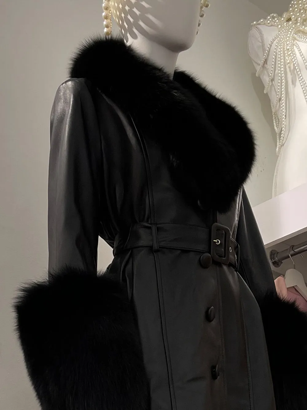 Faux Fur Genuine Leather Coat in Black