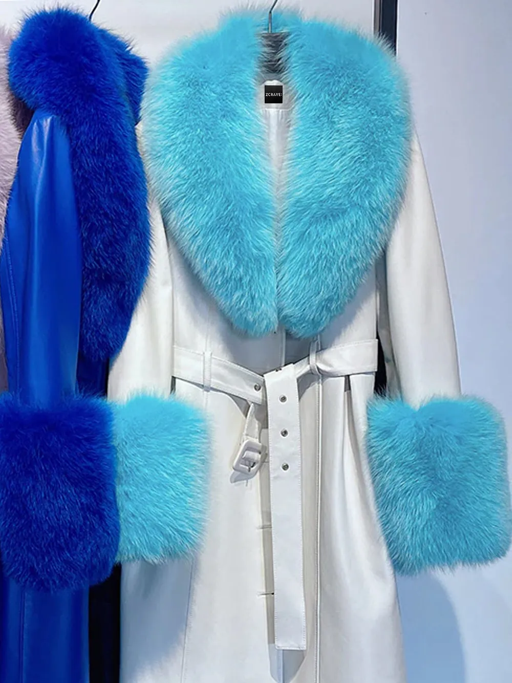 Faux Fur Genuine Leather Coat in White & Blue