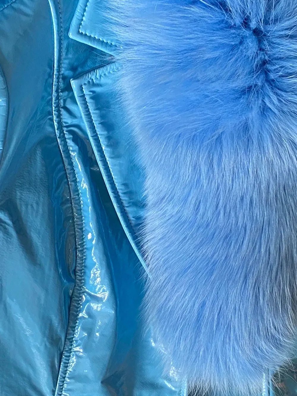 Faux Fur Genuine Patent Leather Coat in Light Blue