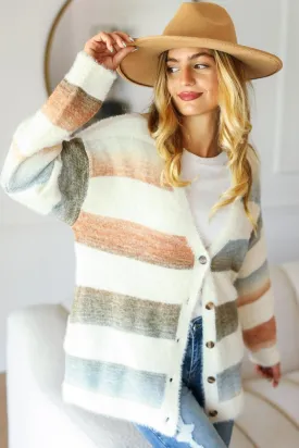 Haptics Button Down Stripe Soft Fuzzy Sweater Cardigan in Ivory Multicolor