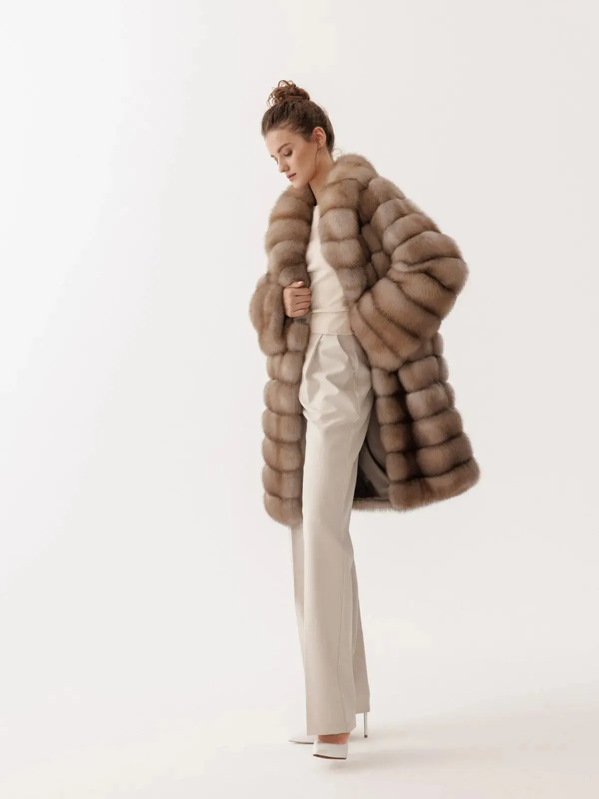 Marten fur coat for women with shawl collar