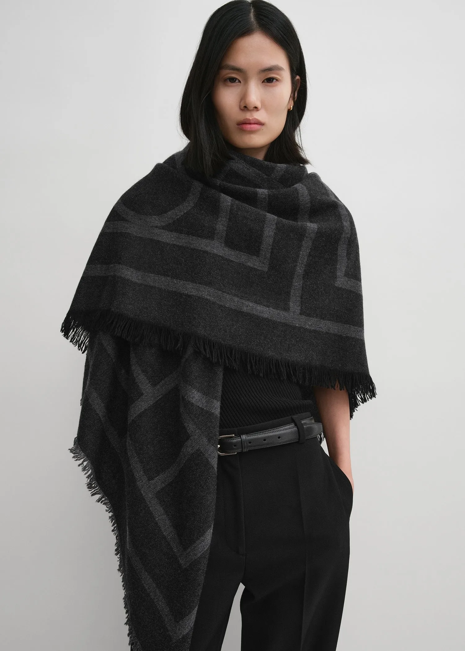 Monogram wool cashmere scarf dark grey