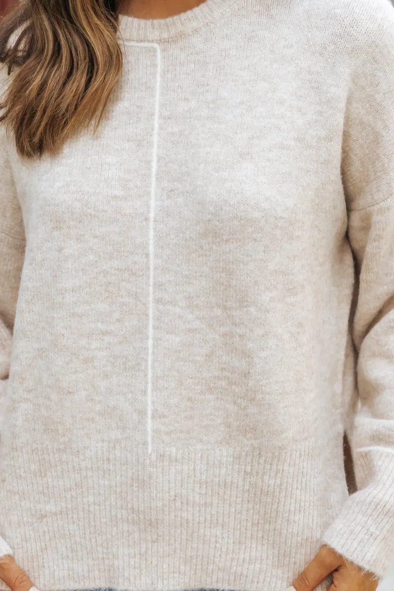 Natural Contrast Ribbed Pullover Sweater