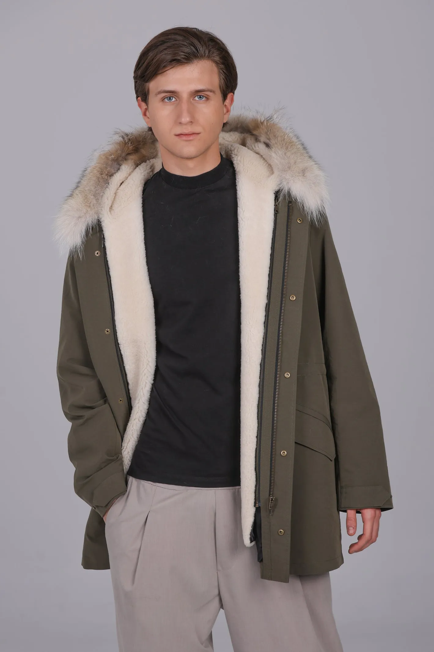 Parka Lungo in misto cotone impermeabile Coyote e shearling