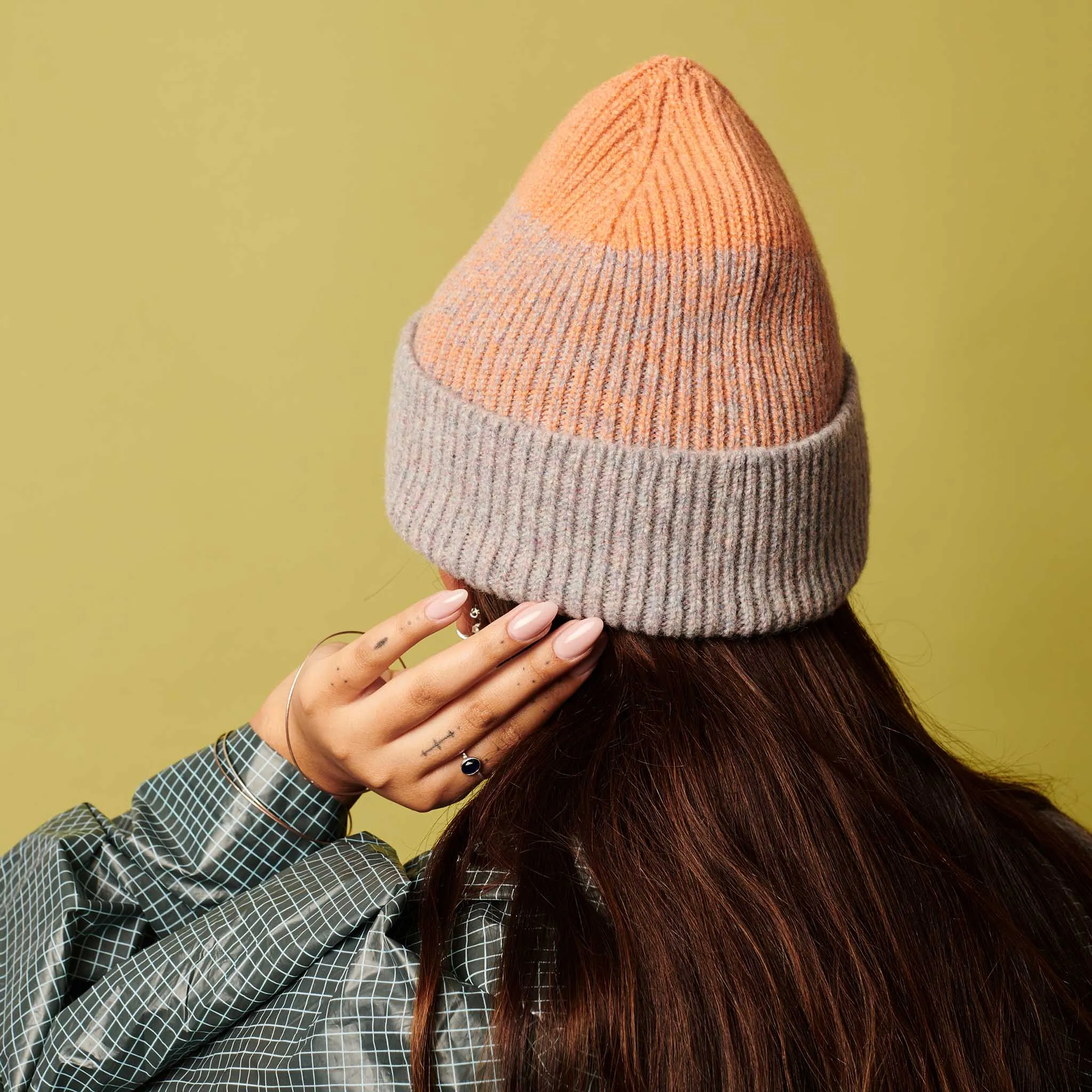 Peach & Concrete Marl Ribbed Lambswool Unisex Beanie