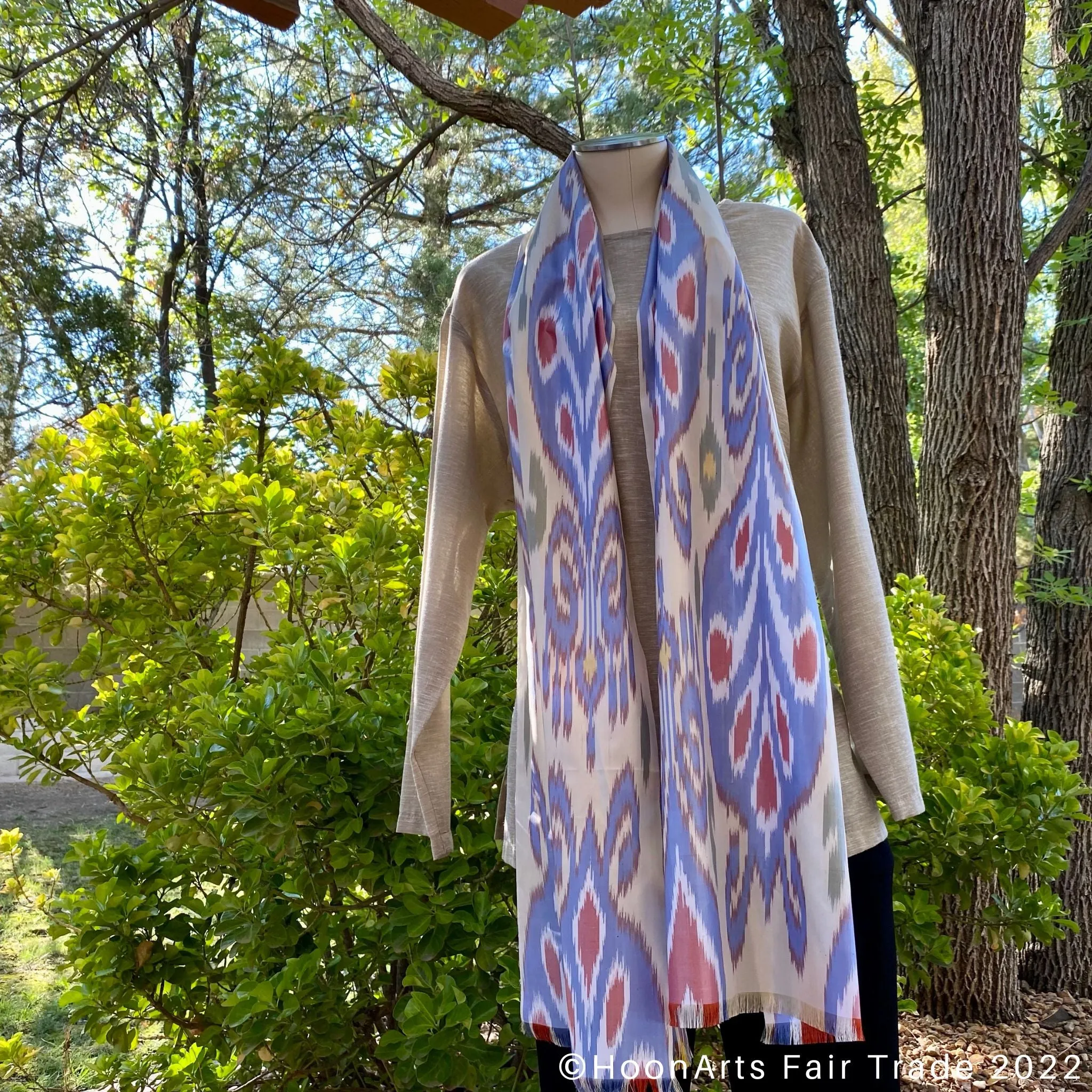 Silk Pastel Yellow Blue & Red Handwoven Ikat Scarf | HoonArts