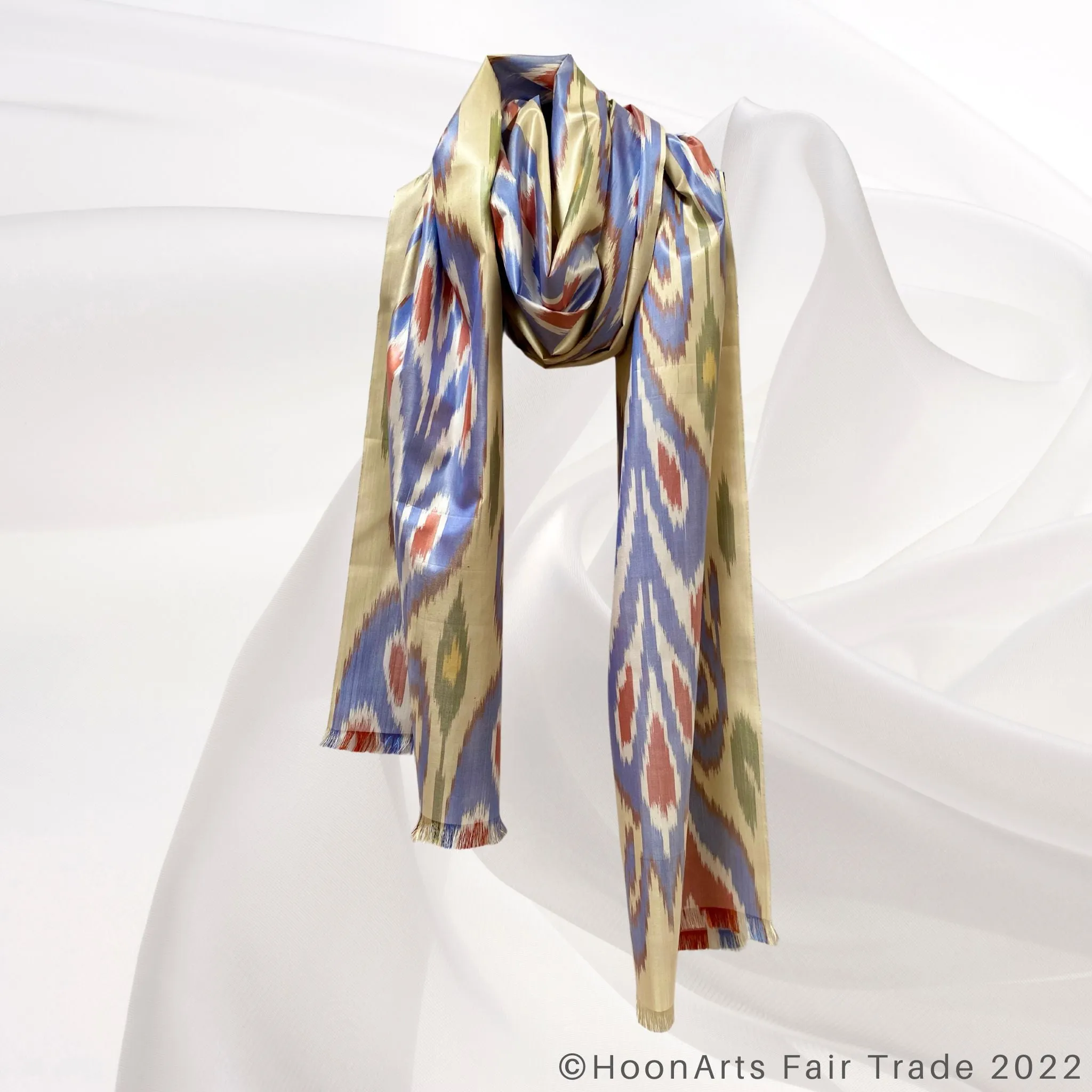 Silk Pastel Yellow Blue & Red Handwoven Ikat Scarf | HoonArts