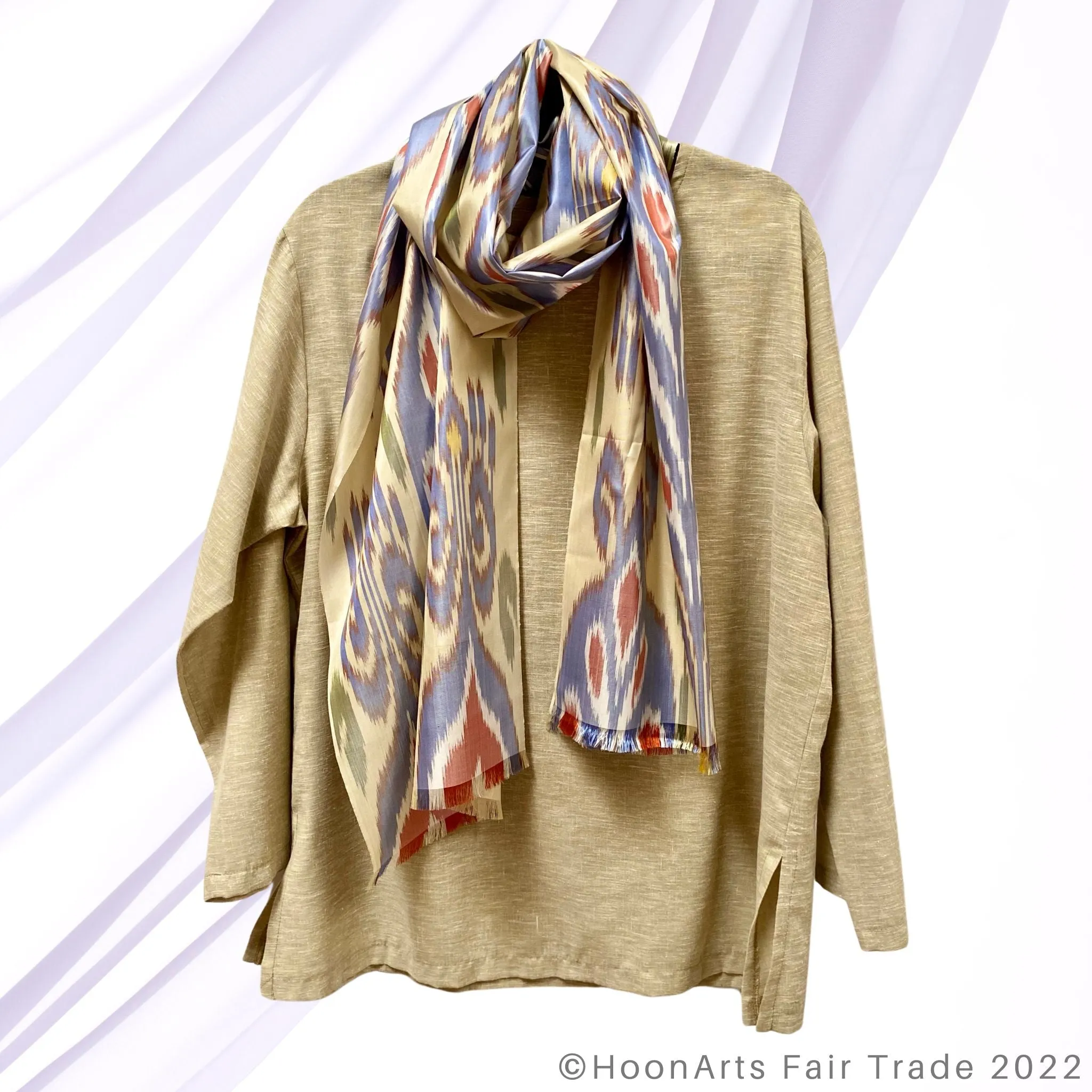 Silk Pastel Yellow Blue & Red Handwoven Ikat Scarf | HoonArts