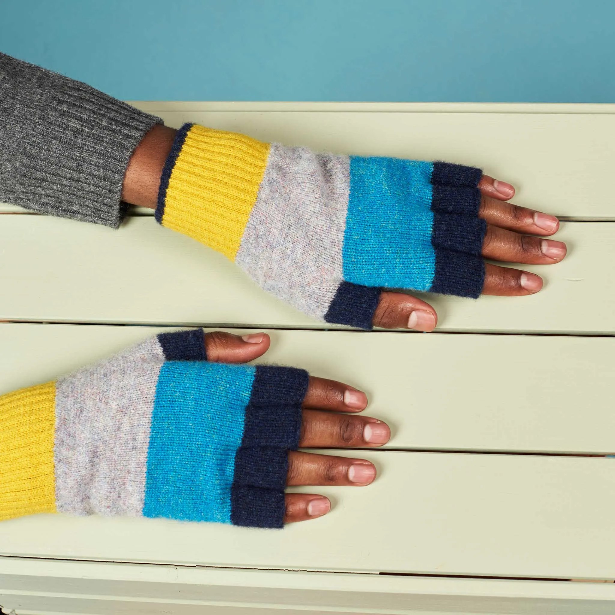 Unisex Navy & Electric Yellow Colour Block Fingerless Gloves