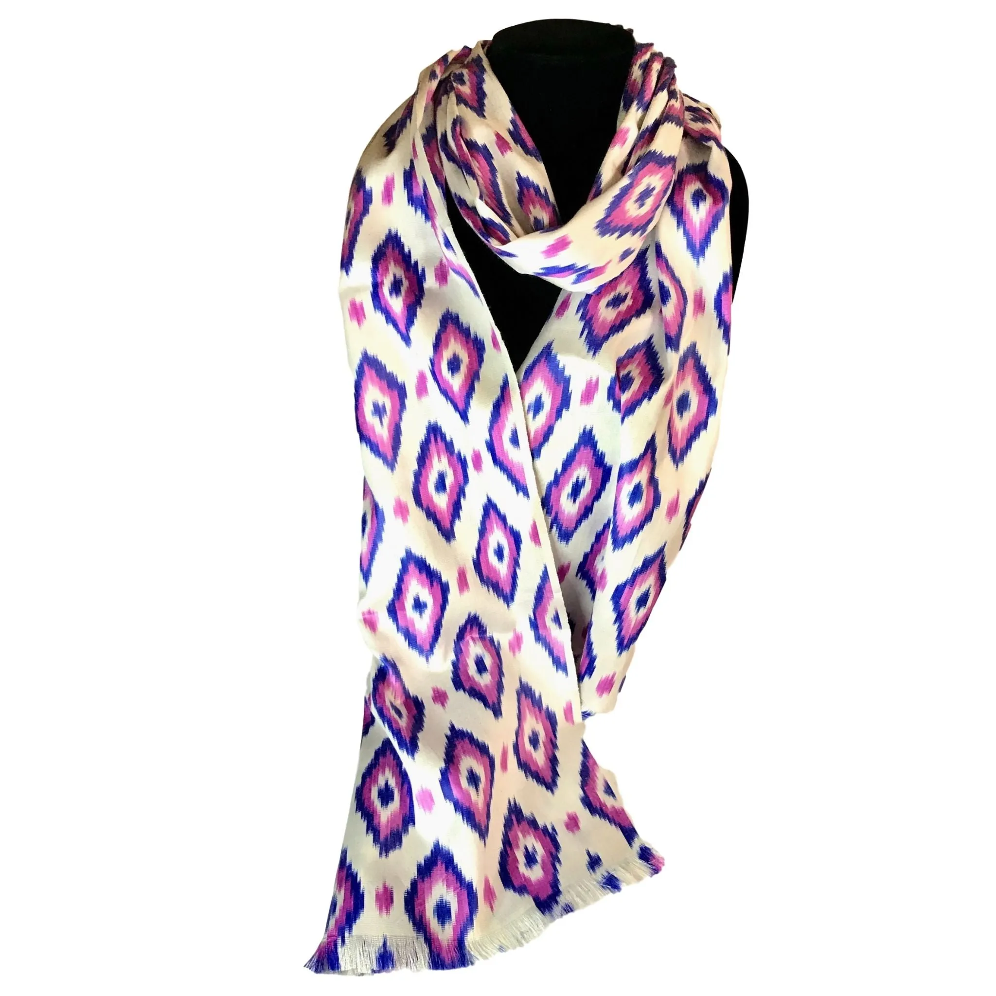 Uzbek Ikat Silk Scarf-Cotton/Silk Blend-Purple Diamonds