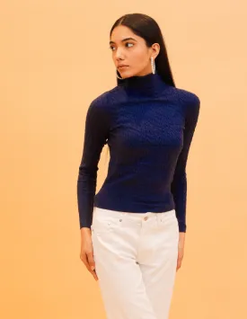 Women Blue Cable Knit High Neck Sweater