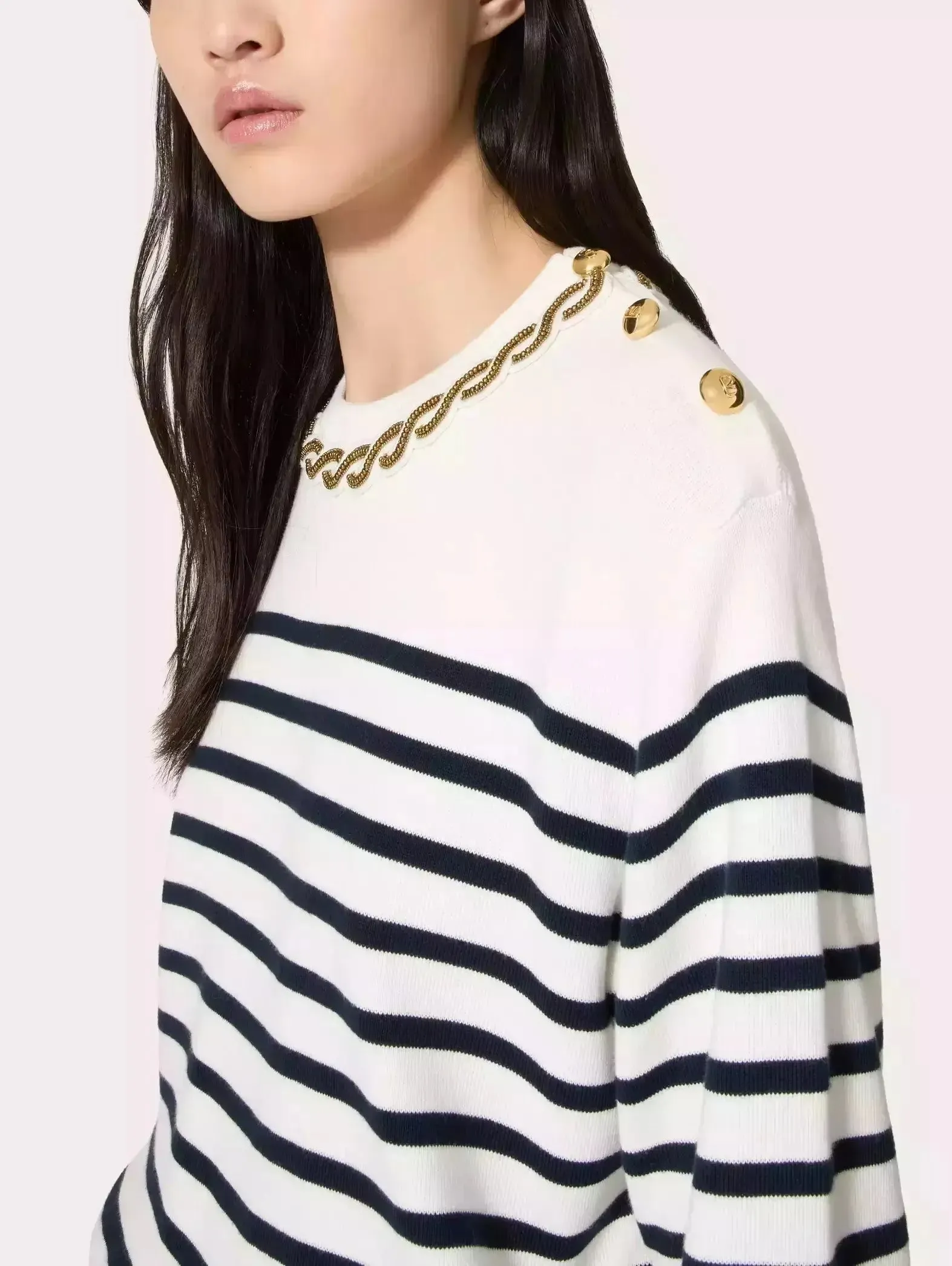 Women’s Bead Link Embroidered Collar Striped Knit Sweater