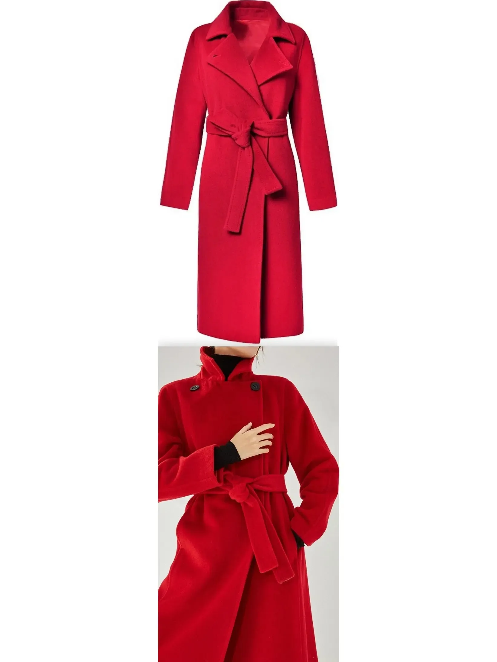 Women’s Belted Cashmere Wool Wrap Coat, Red