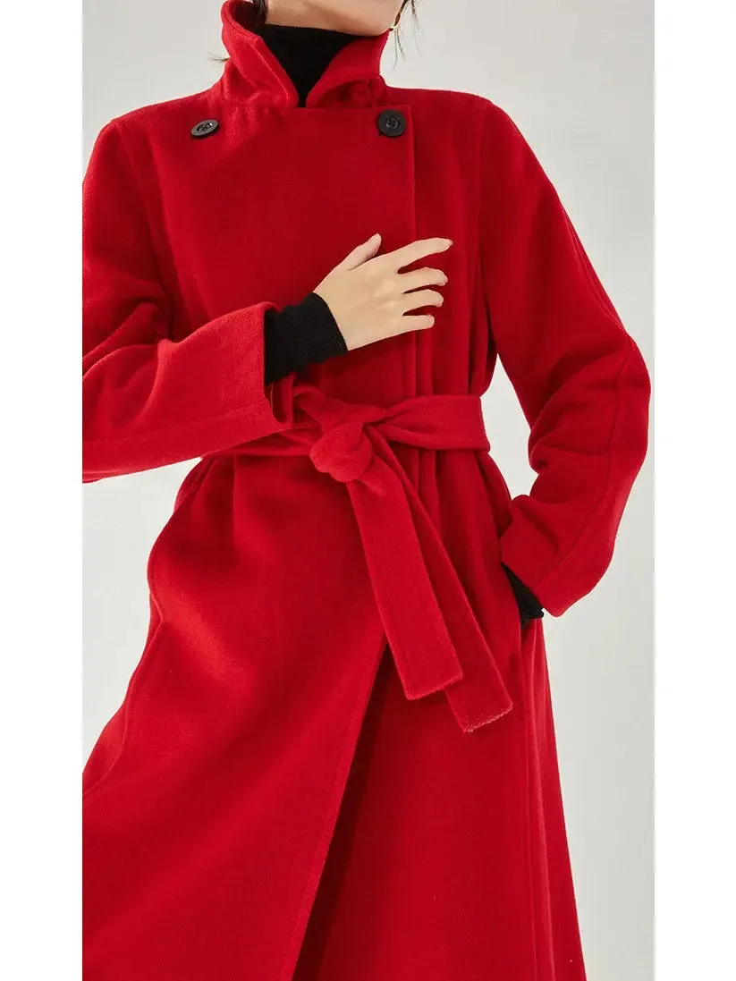 Women’s Belted Cashmere Wool Wrap Coat, Red