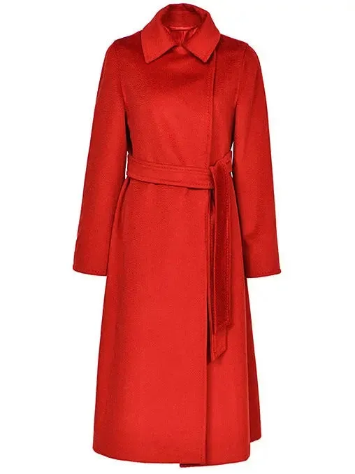 Women’s Belted Cashmere Wool Wrap Coat, Red