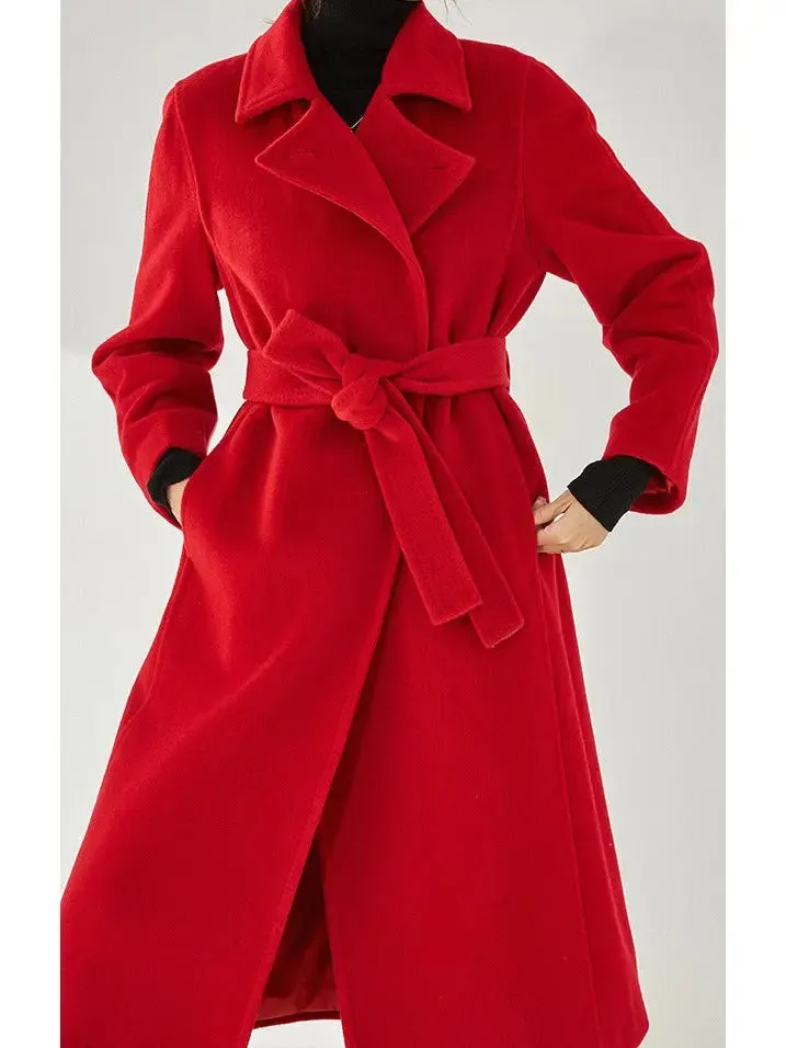 Women’s Belted Cashmere Wool Wrap Coat, Red