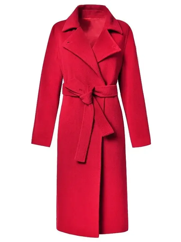 Women’s Belted Cashmere Wool Wrap Coat, Red