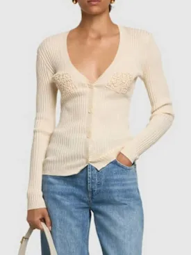 Women’s Cotton Crochet-Detail V-Neck Ribbed Cardigan