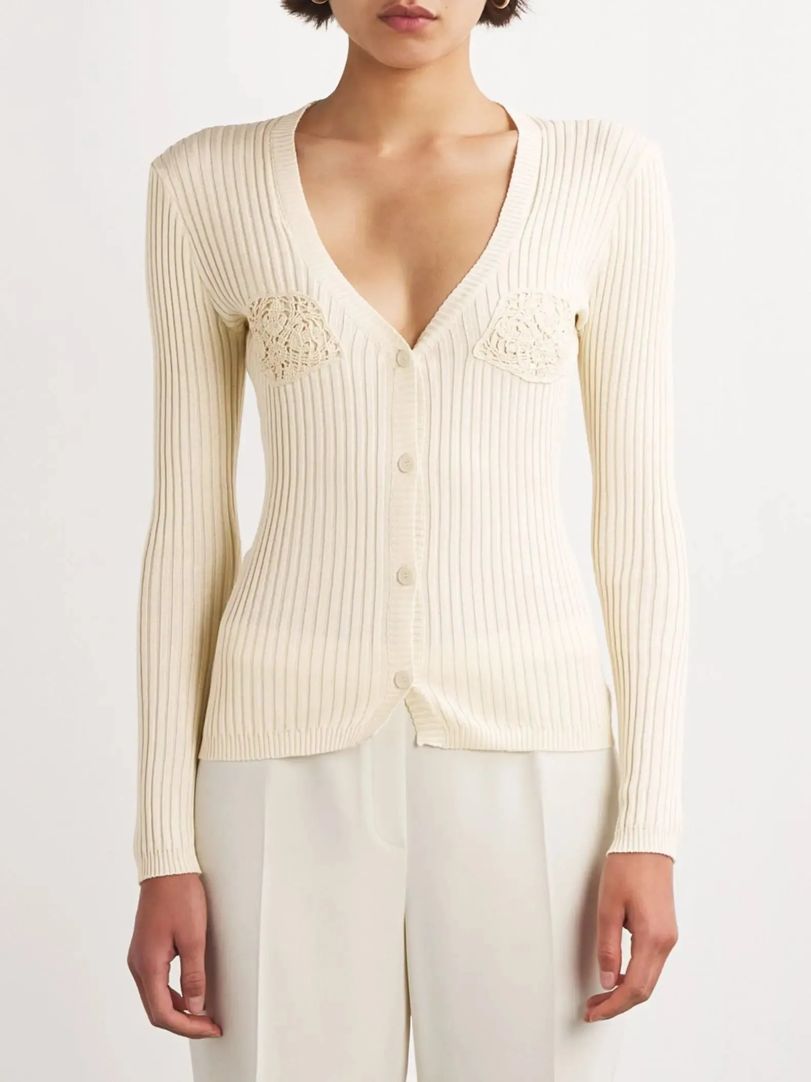 Women’s Cotton Crochet-Detail V-Neck Ribbed Cardigan