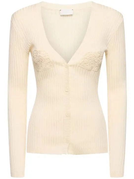 Women’s Cotton Crochet-Detail V-Neck Ribbed Cardigan