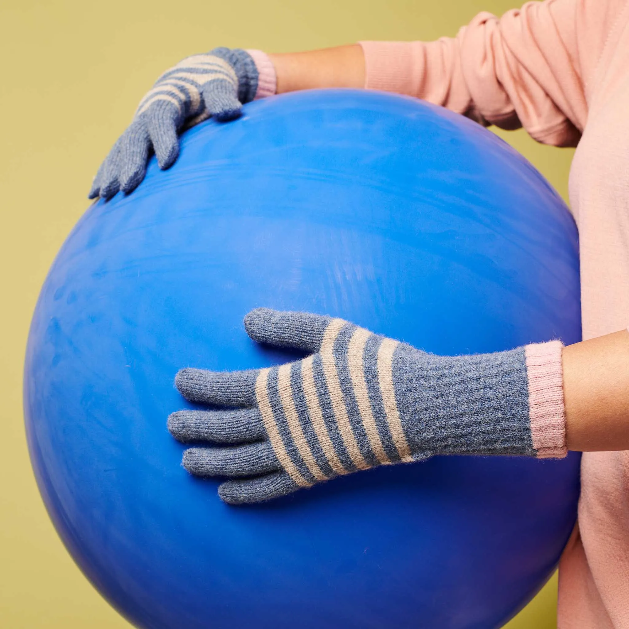 Women's Denim Blue & Soft Brown Stripe Lambswool Gloves