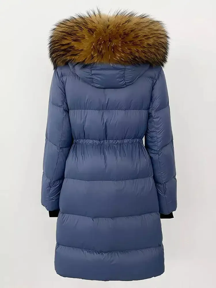 Women’s Drawstring Waist Long Down Coat in Blue with Natural Fur Hood