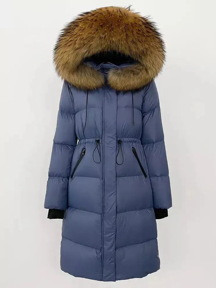 Women’s Drawstring Waist Long Down Coat in Blue with Natural Fur Hood