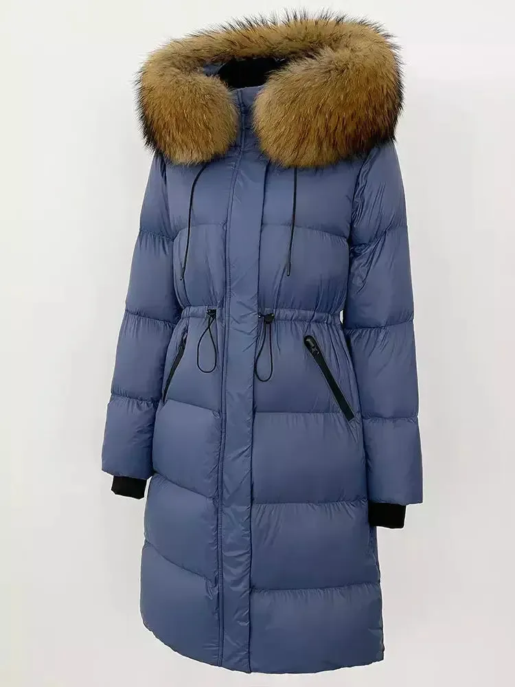 Women’s Drawstring Waist Long Down Coat in Blue with Natural Fur Hood