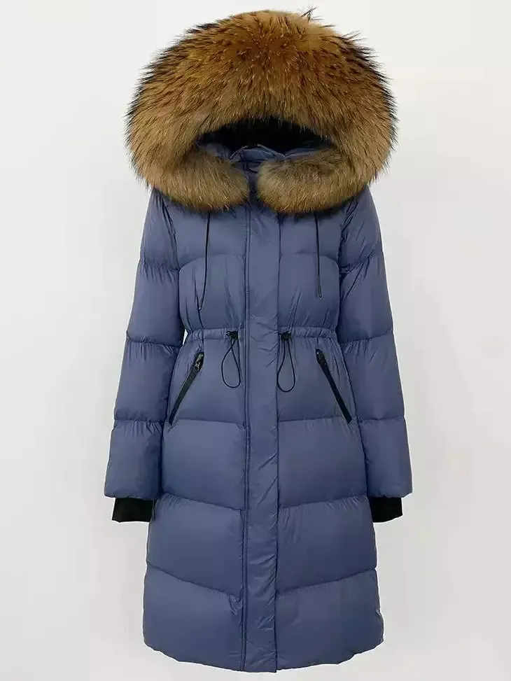 Women’s Drawstring Waist Long Down Coat in Blue with Natural Fur Hood