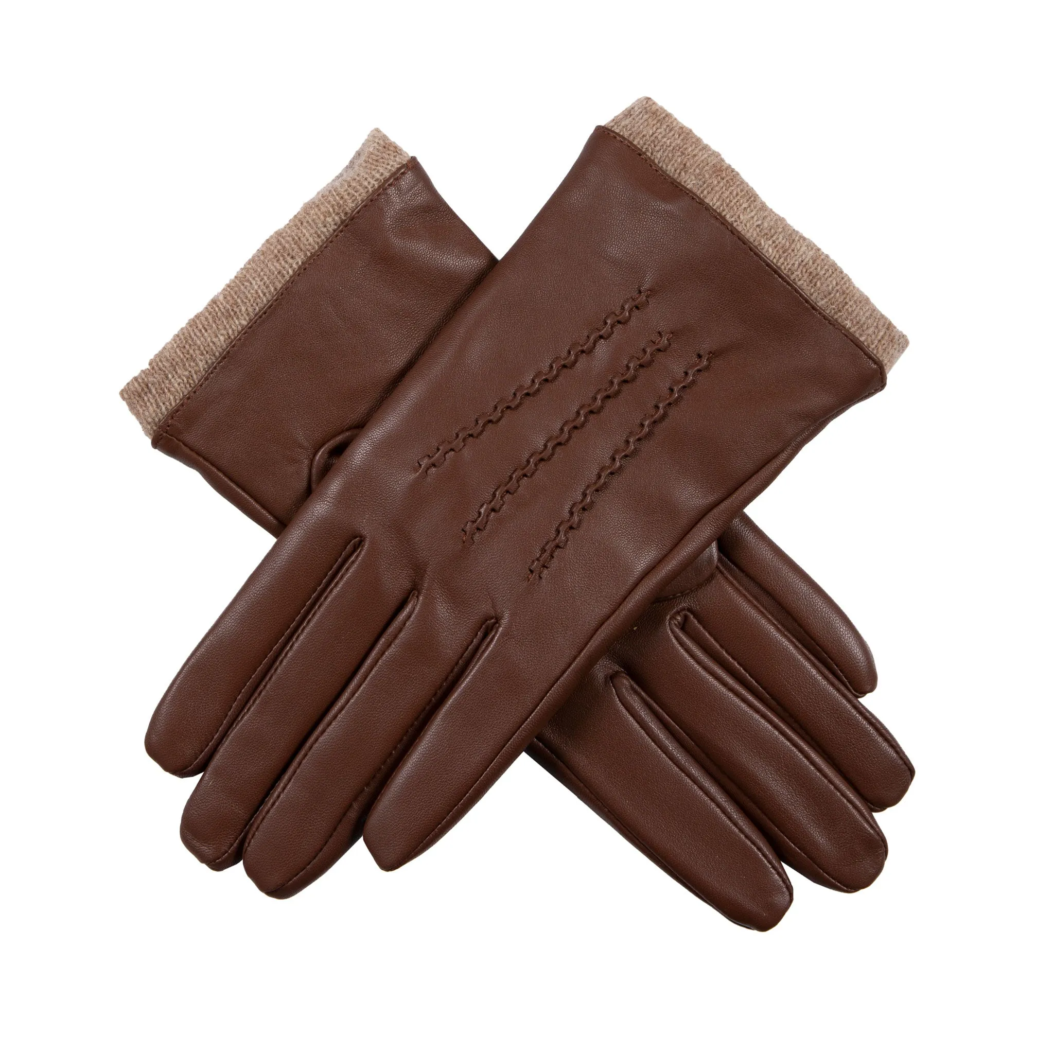 Women’s Three-Point Wool-Lined Leather Gloves with Knitted Cuffs