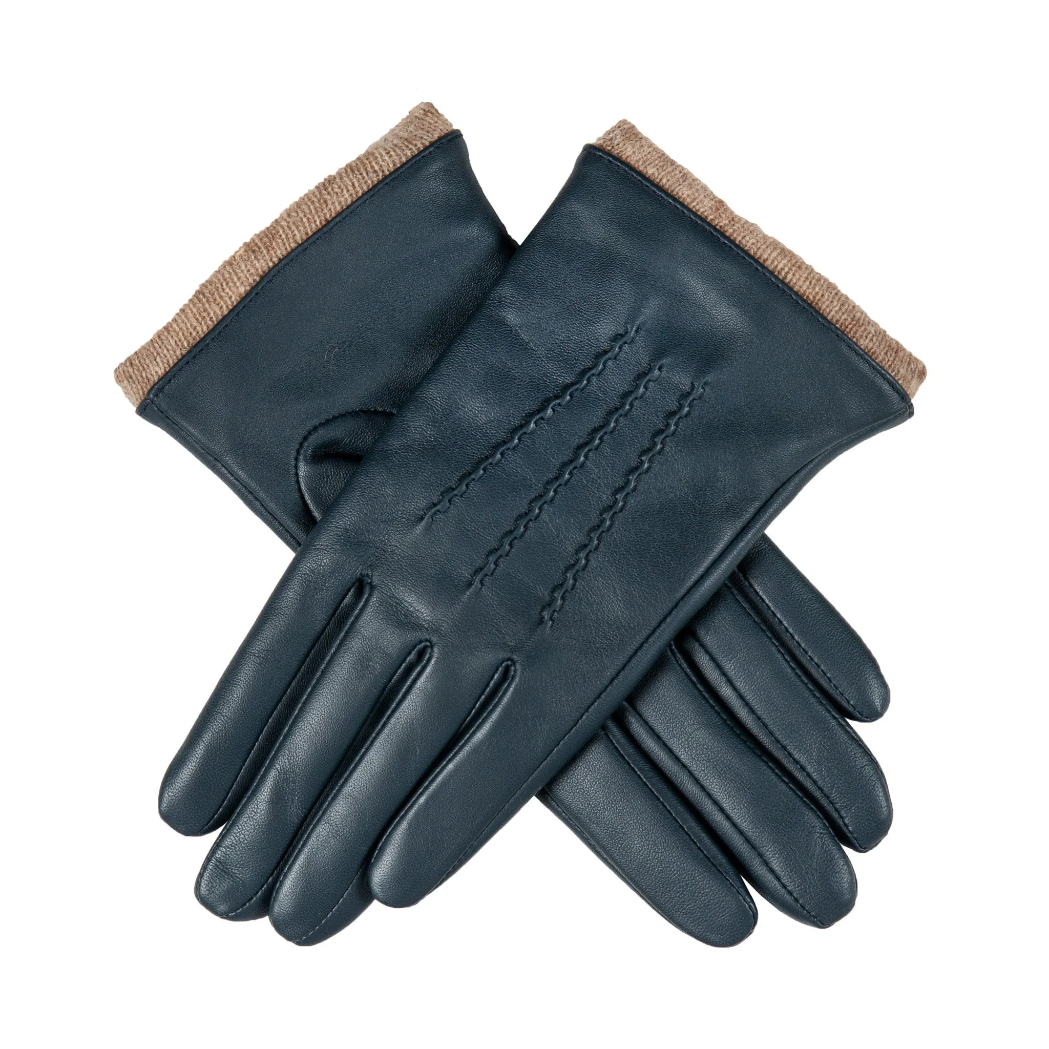 Women’s Three-Point Wool-Lined Leather Gloves with Knitted Cuffs