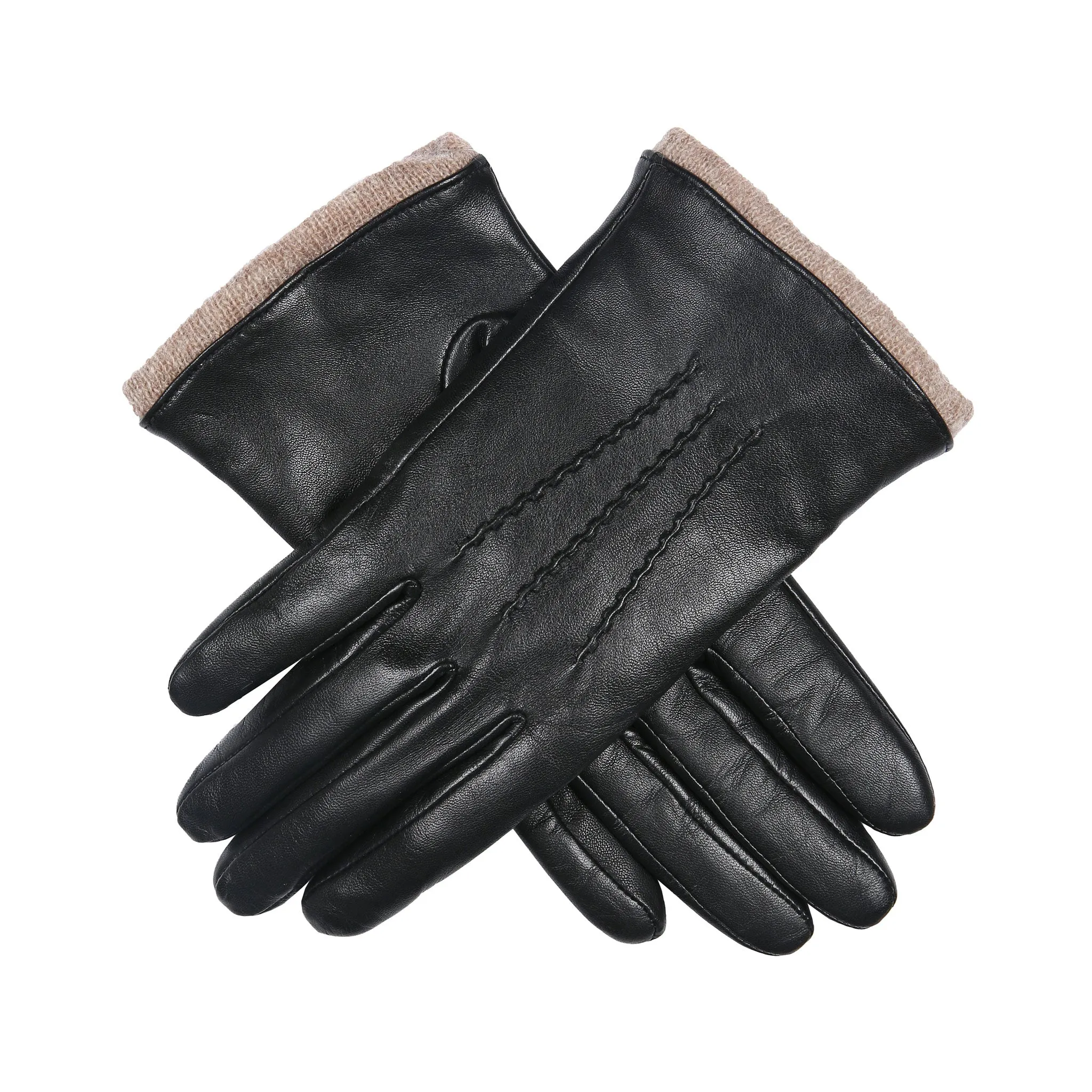 Women’s Three-Point Wool-Lined Leather Gloves with Knitted Cuffs