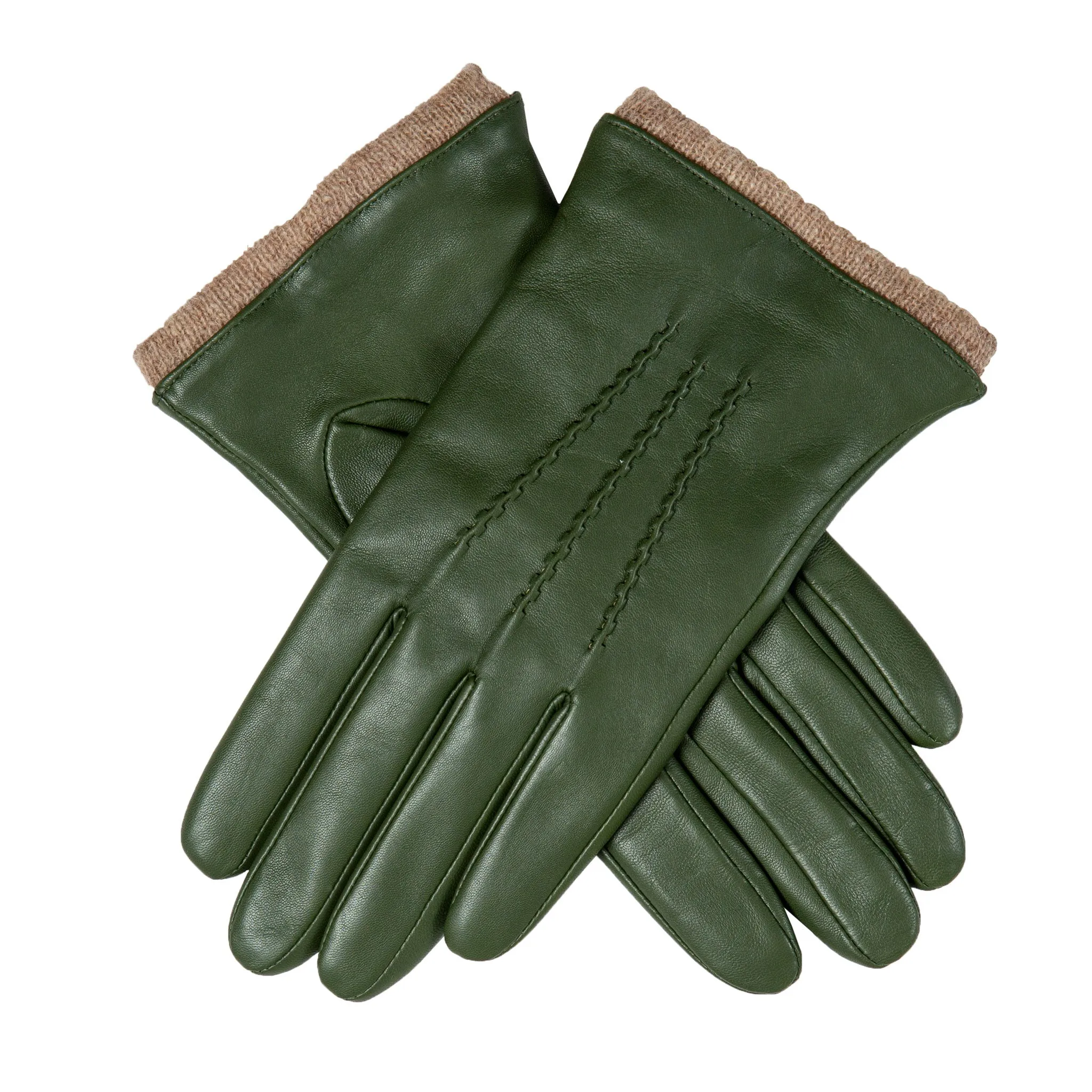 Women’s Three-Point Wool-Lined Leather Gloves with Knitted Cuffs